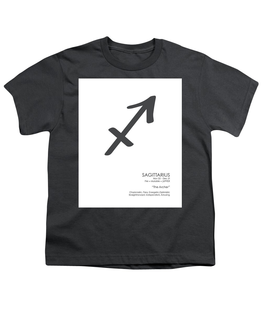 Sagittarius Youth T-Shirt featuring the mixed media Sagittarius Print - Zodiac Signs Print - Zodiac Posters - Sagittarius Poster - Black and White by Studio Grafiikka