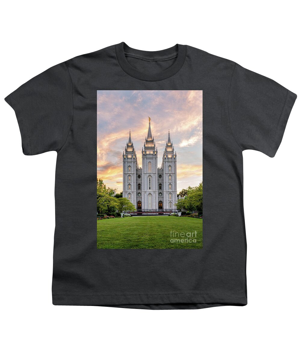 Church Youth T-Shirt featuring the photograph Salt Lake City Temple Sunset by Bret Barton
