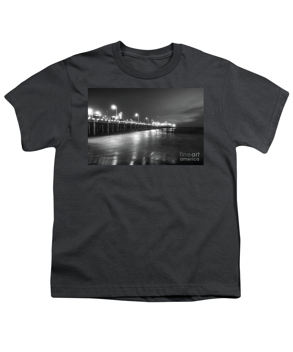 America Youth T-Shirt featuring the photograph Santa Monica Pier at Night Black and White Photo by Paul Velgos