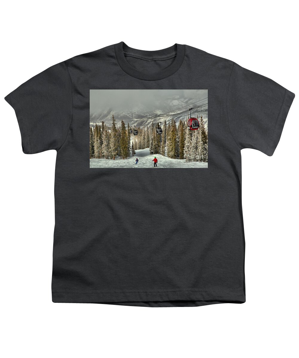 Aspen Gondola Youth T-Shirt featuring the photograph Skiers Under The Aspen Gondola by Adam Jewell
