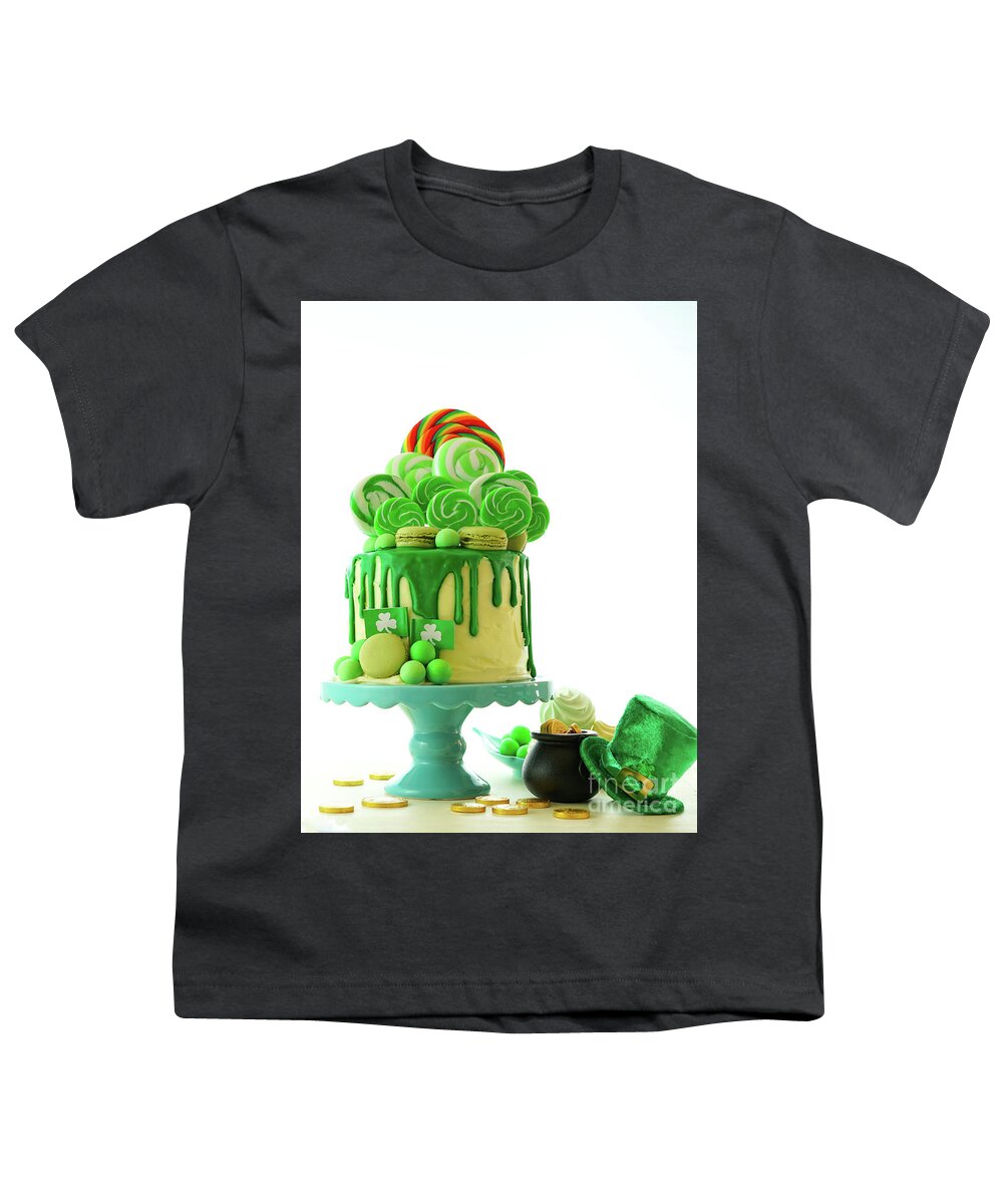 Paddy Youth T-Shirt featuring the photograph St Patrick's Day theme lollipop candy land drip cake. by Milleflore Images