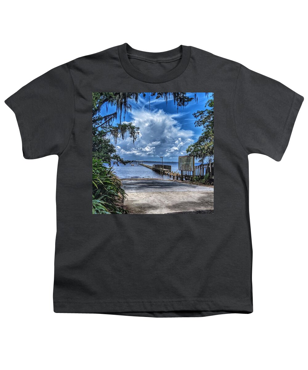Clouds Youth T-Shirt featuring the photograph Strolling by the Dock by Portia Olaughlin