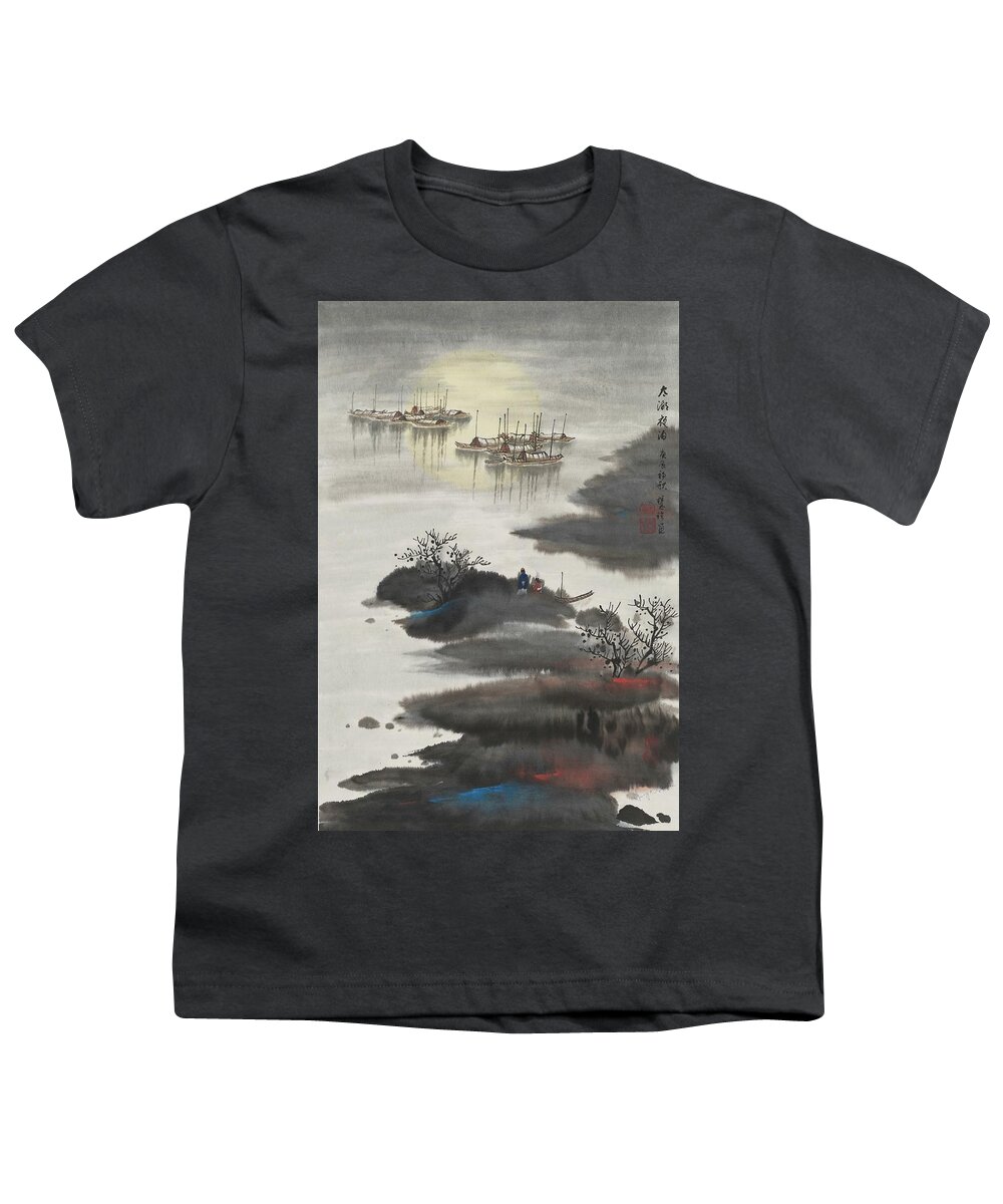 Chinese Watercolor Youth T-Shirt featuring the painting Moonrise on Taihu Lake by Jenny Sanders