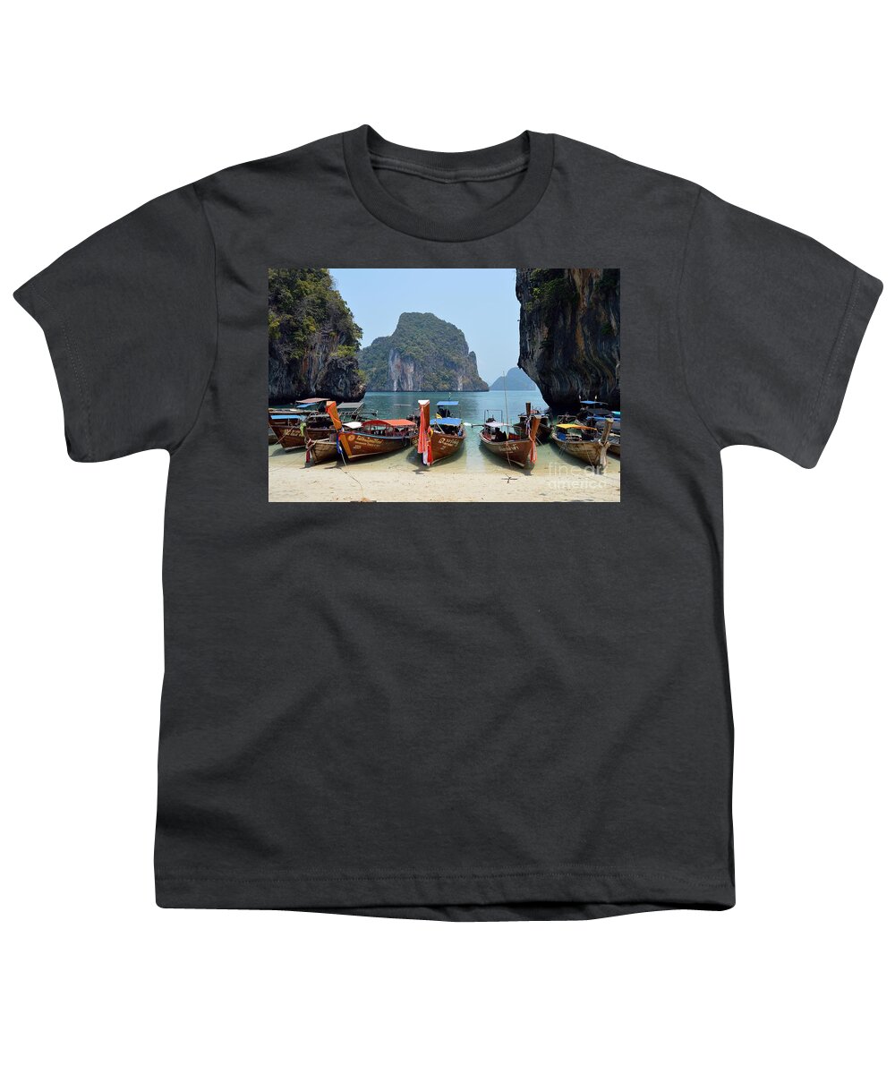 Islands Youth T-Shirt featuring the photograph THAI Longboats by Thomas Schroeder