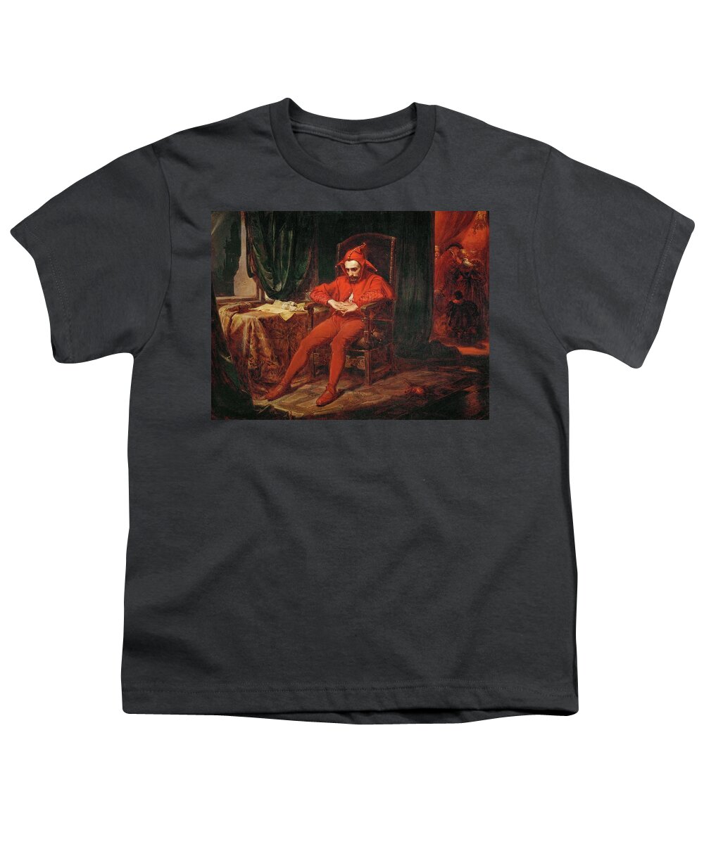 Jan Matejko Youth T-Shirt featuring the painting The court jester Stanczyk receives news of the loss of Smolensk -1514-. by Jan Matejko