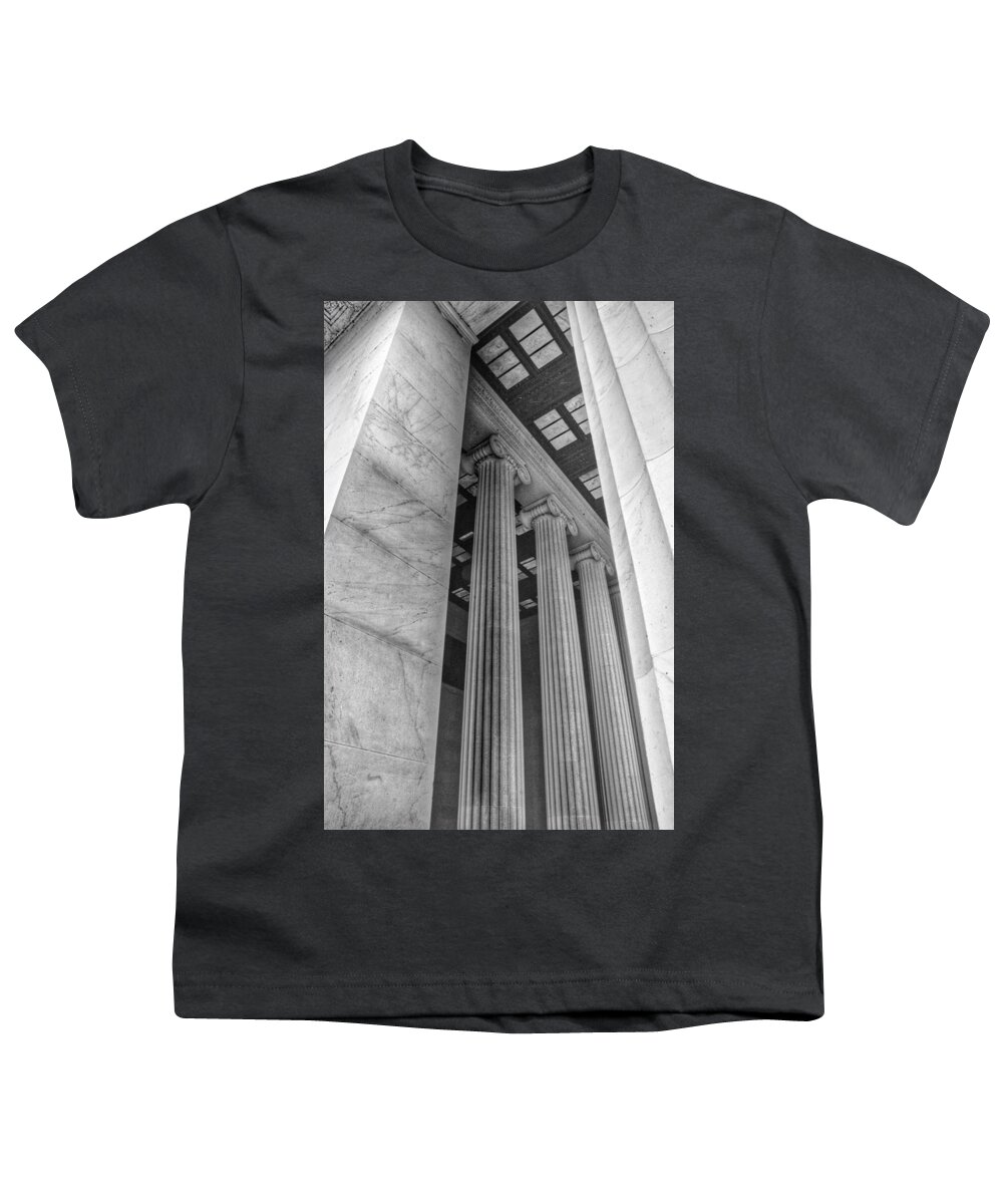 Abraham Lincoln Youth T-Shirt featuring the photograph The Lincoln Memorial Washington D. C. - Black and White Abstract Pillars Details 3 by Marianna Mills