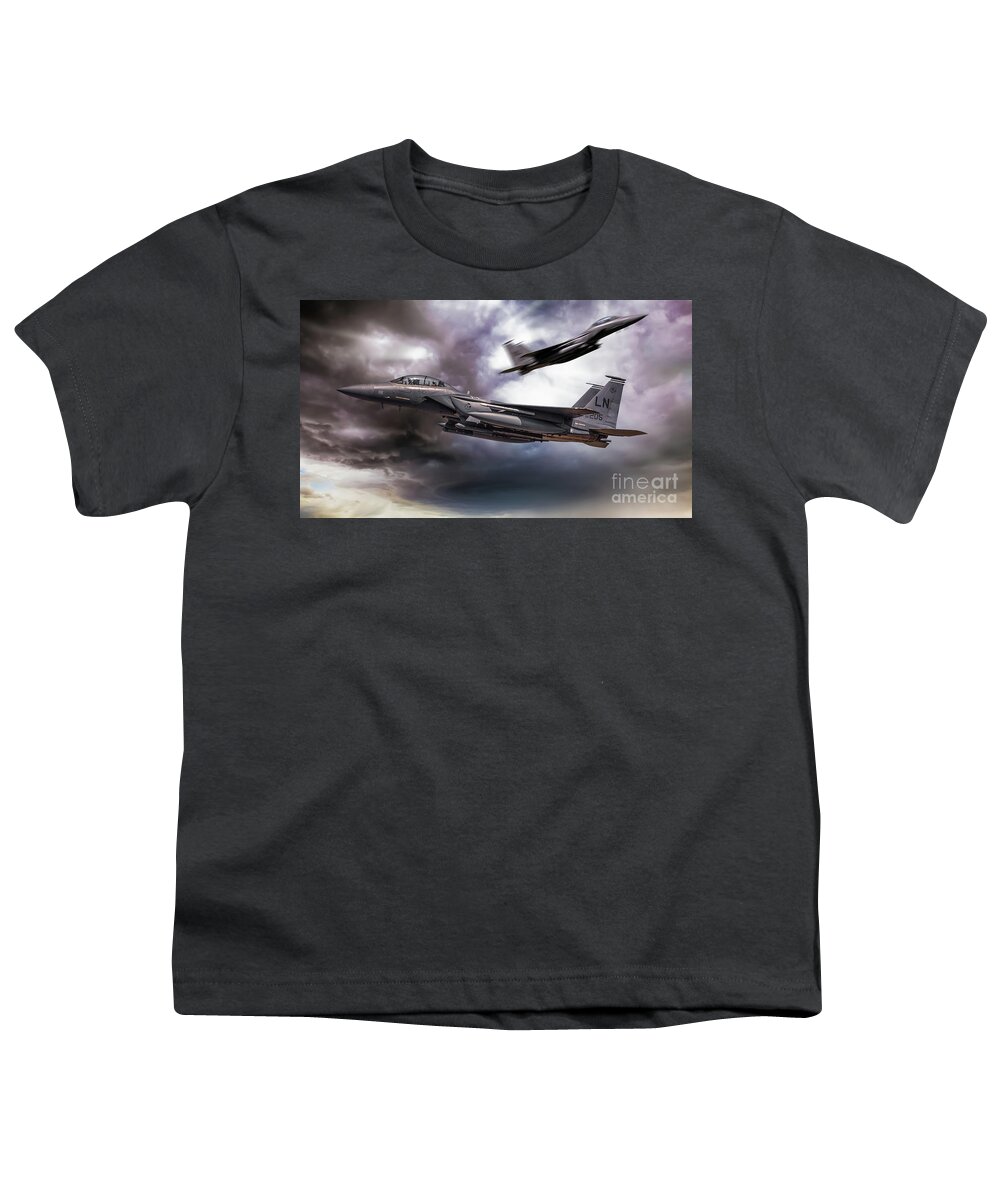 F15 Youth T-Shirt featuring the digital art Two F-15E Strike Eagle passing in storm clouds by Simon Bratt