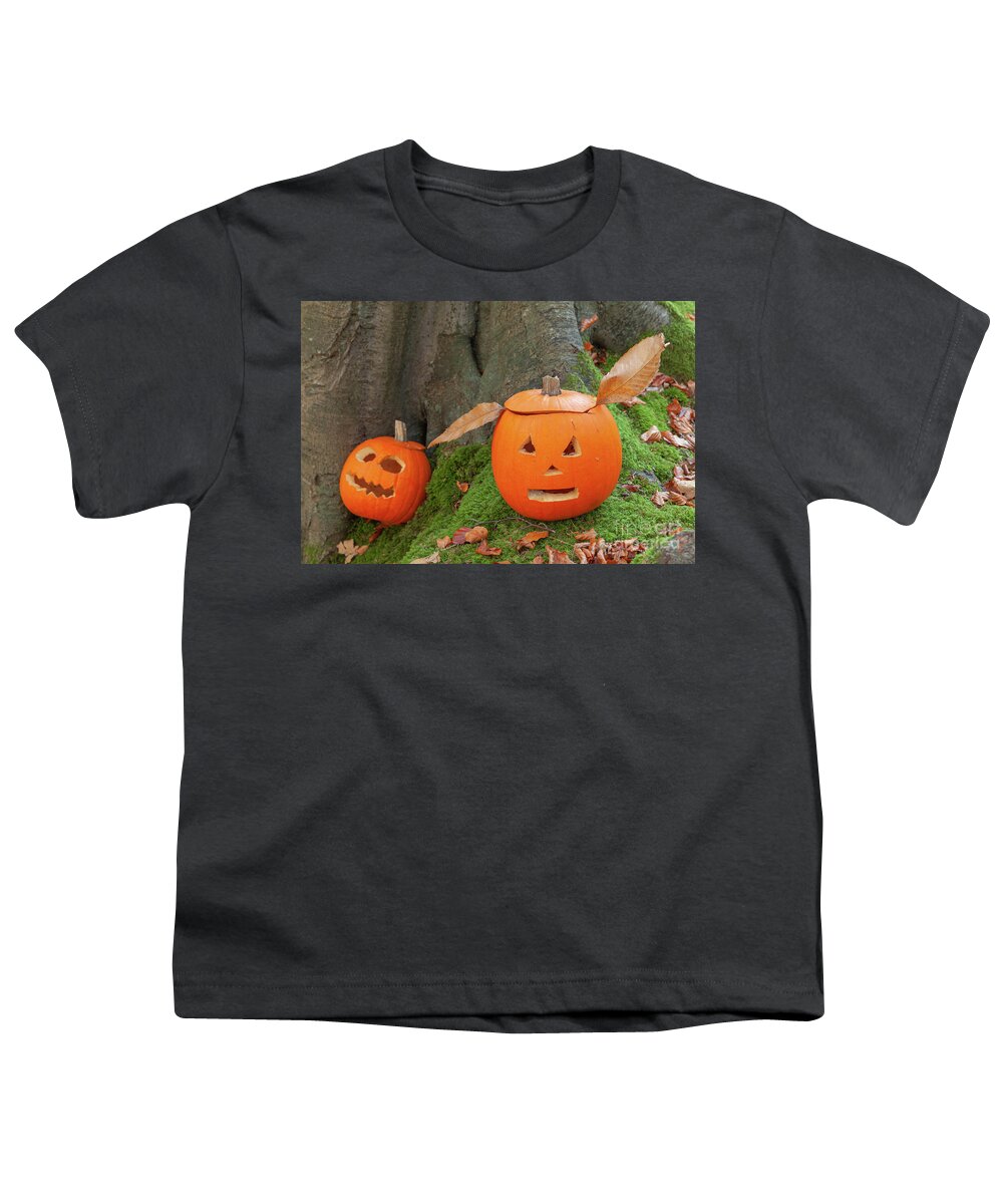 Pumpkin Youth T-Shirt featuring the photograph Two scary pumpkins for halloween by Simon Bratt