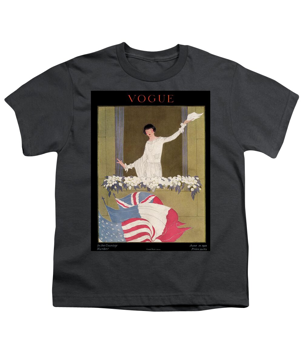 #new2022vogue Youth T-Shirt featuring the painting Vogue Cover Of A Woman Waving A Handkerchief by Alice de Warenne Little