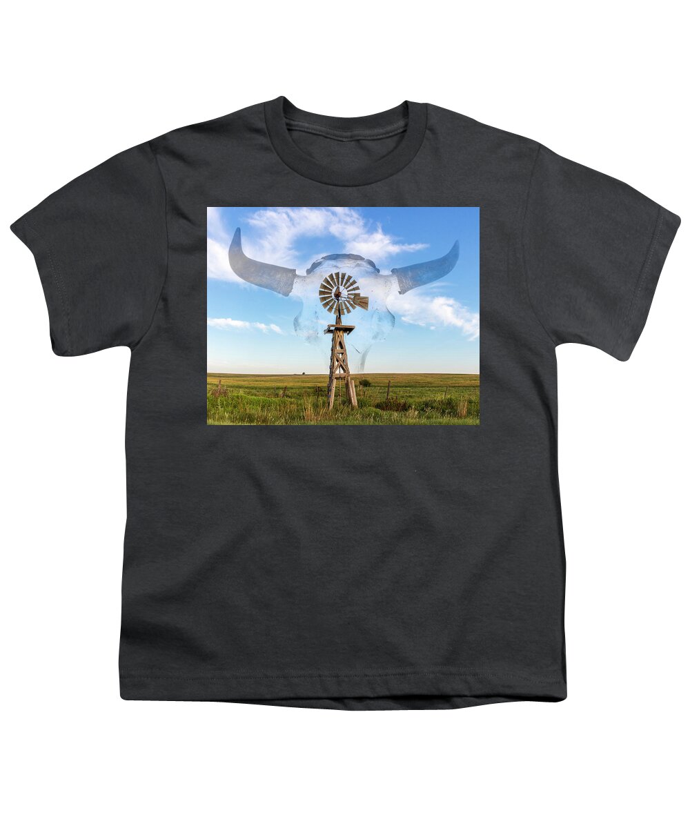 Kansas Youth T-Shirt featuring the photograph Windmill and Bison 004 by Rob Graham