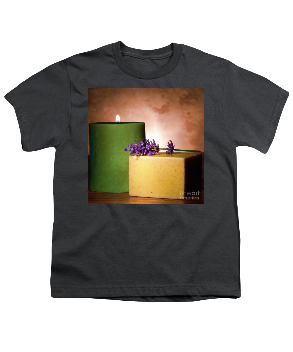 Aromatherapy Youth T-Shirt featuring the photograph Lavender Wisp on Aromatherapy Natural Soap by Olivier Le Queinec