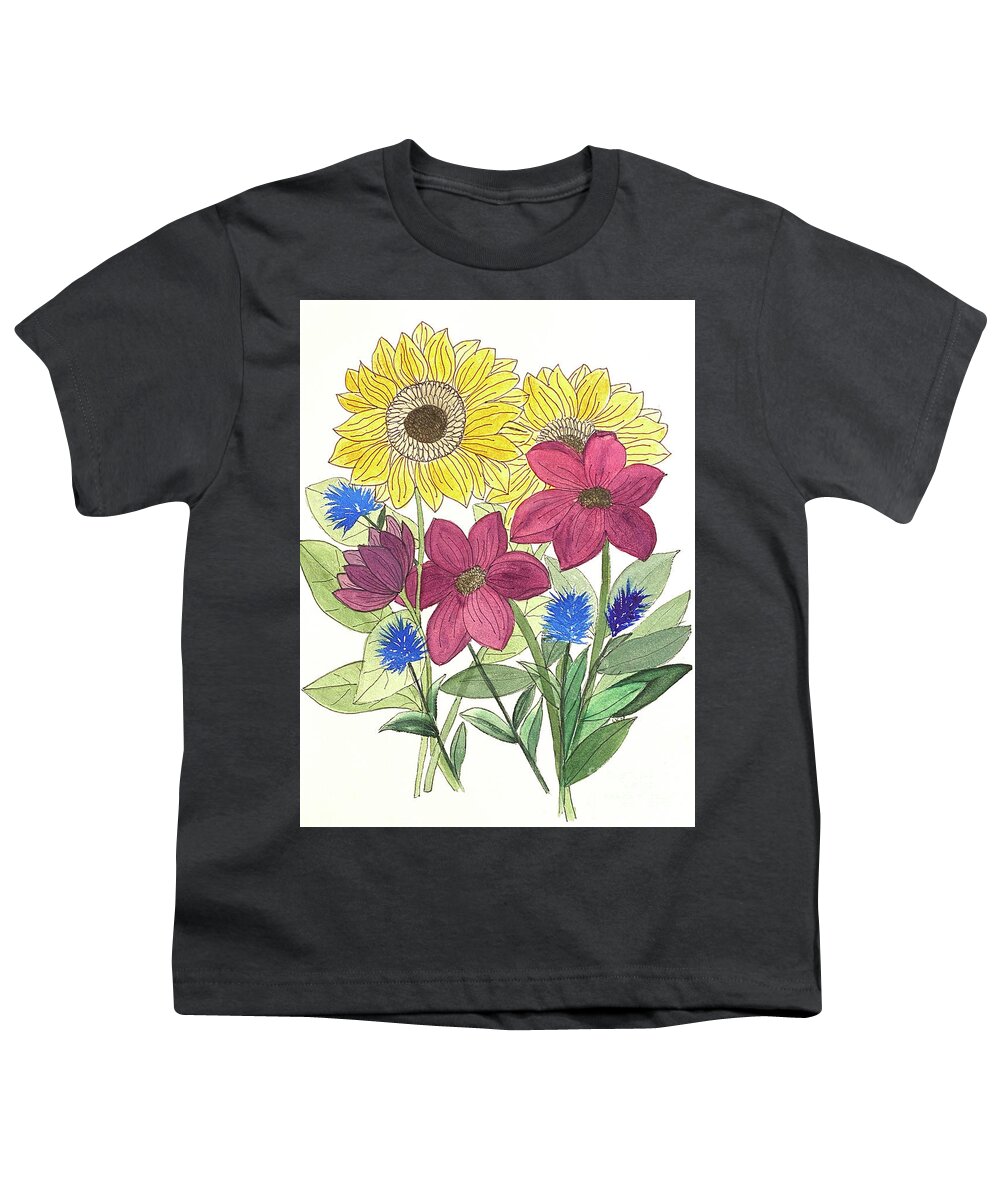Sunflowers Youth T-Shirt featuring the mixed media Flowers #1 by Lisa Neuman