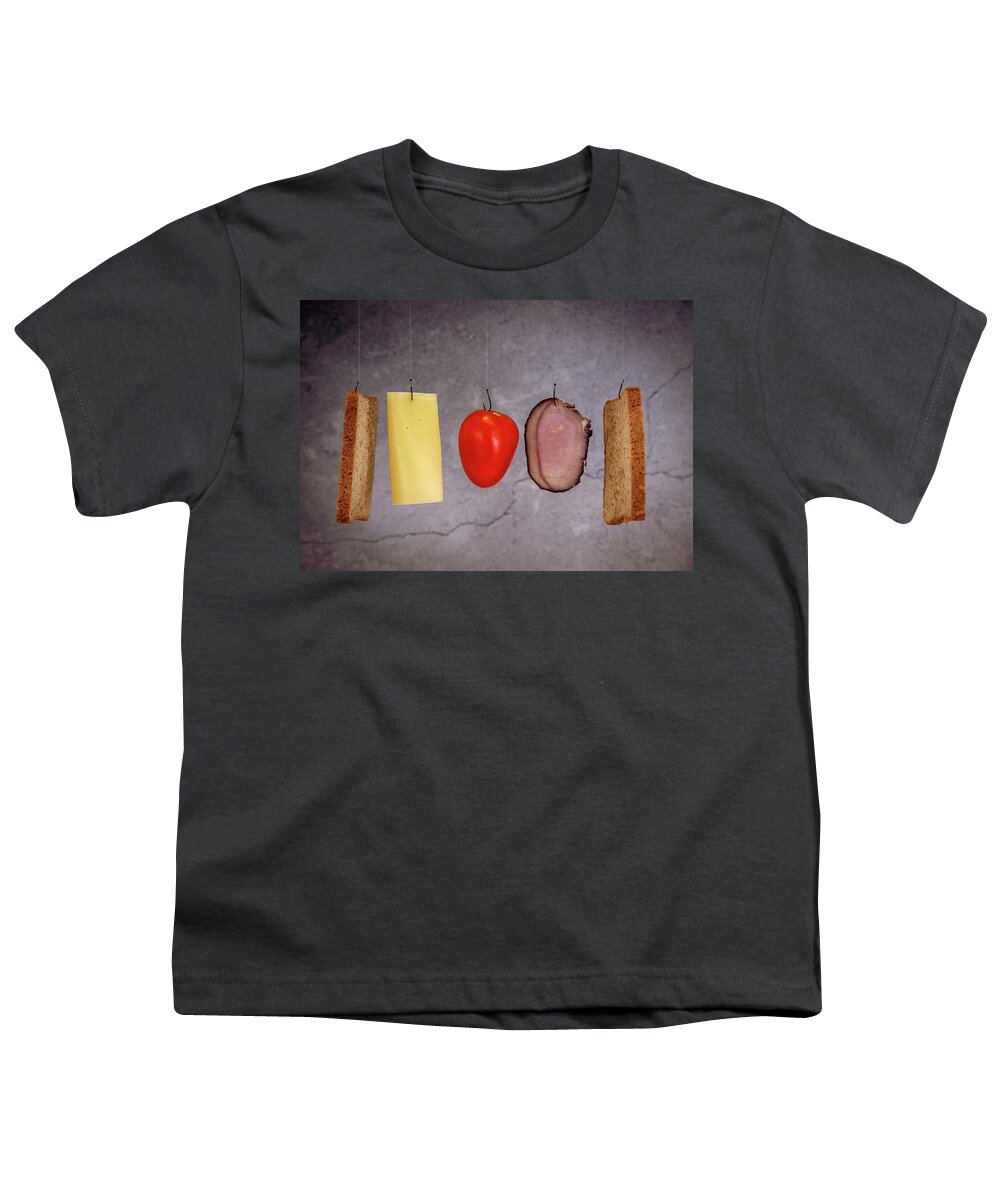 Breakfast Youth T-Shirt featuring the photograph Fresh healthy sandwich ingredients. Cheese, tomato, meat, bread and halloumi #1 by Michalakis Ppalis