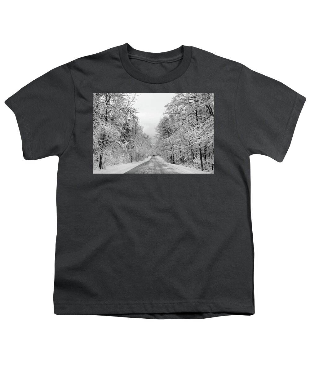 Back Road Youth T-Shirt featuring the photograph Traveling Through the Fresh Snow by David T Wilkinson
