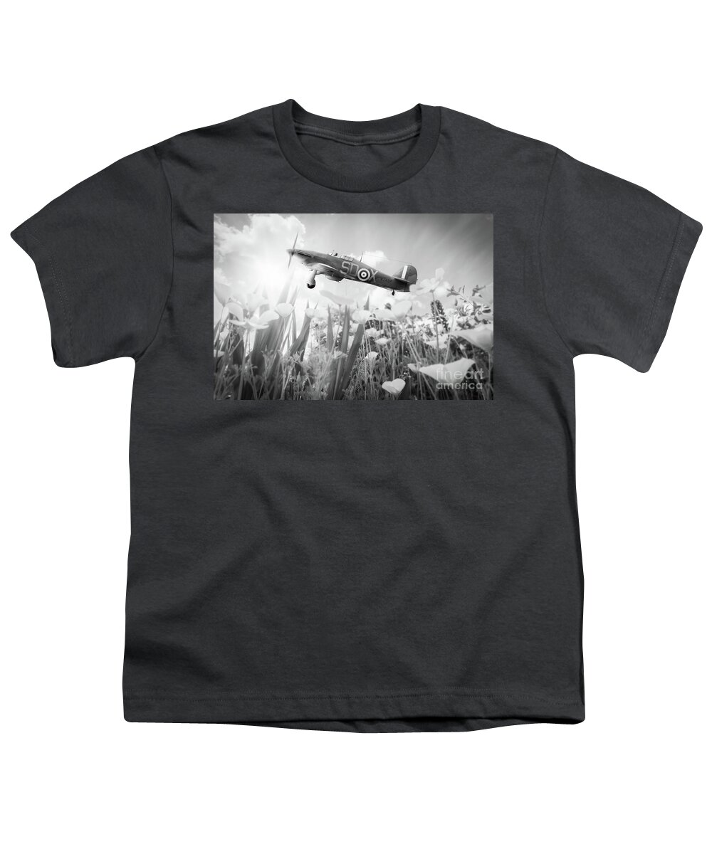 Aircraft Youth T-Shirt featuring the photograph Hawker Hurricane flying over poppies in spring #1 by Simon Bratt