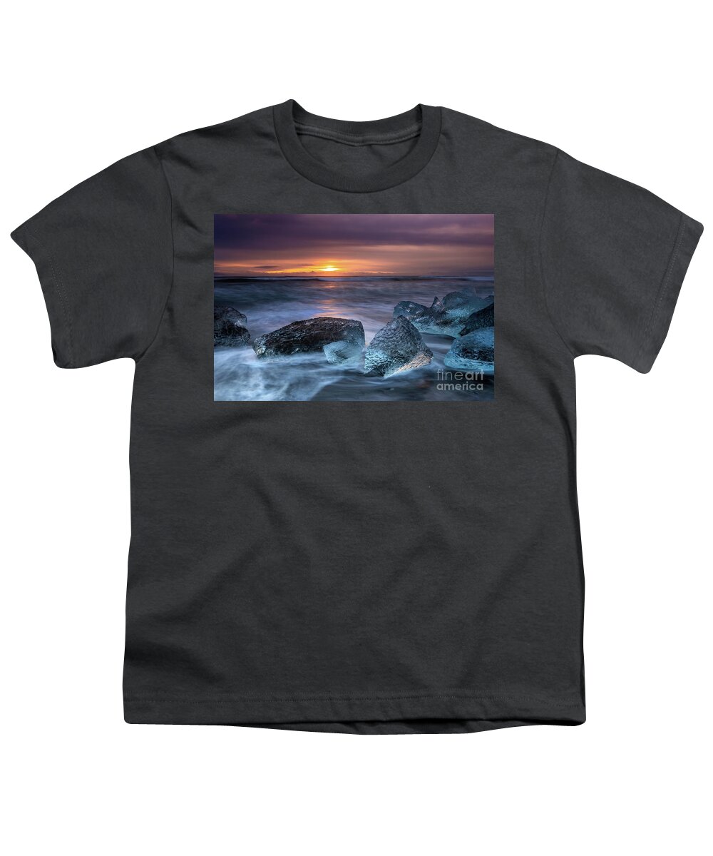 Beach Youth T-Shirt featuring the photograph Sunrise on Diamond Beach, Southeast Iceland. #1 by Jane Rix