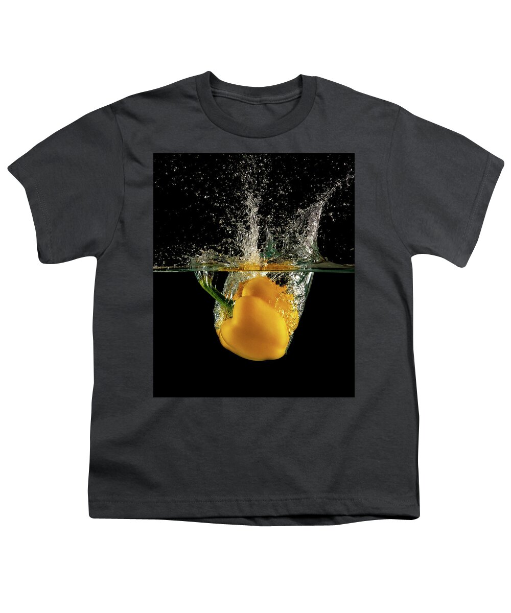 Pepper Youth T-Shirt featuring the photograph Yellow bell pepper dropped and slashing on water by Michalakis Ppalis