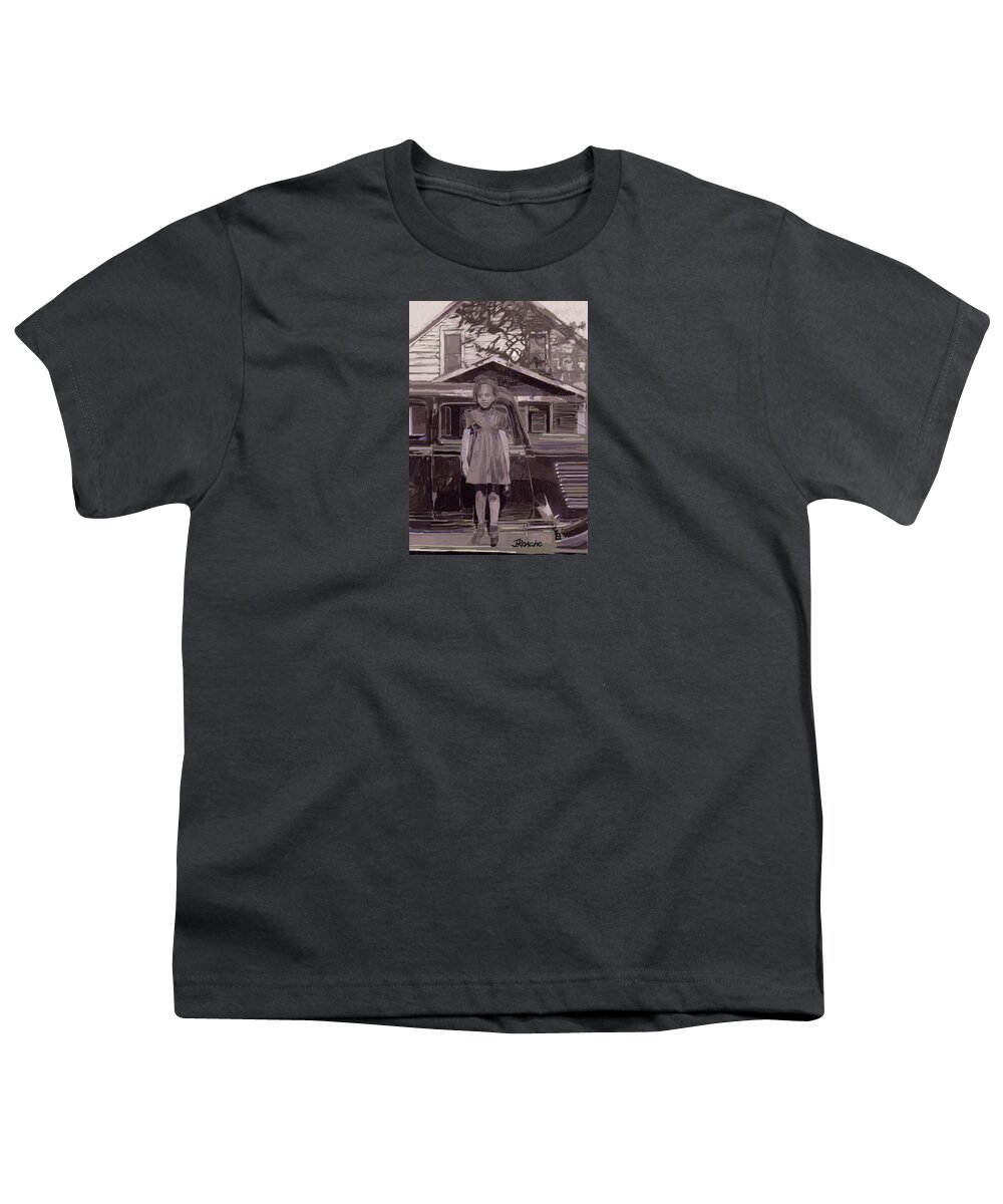 Girl Youth T-Shirt featuring the painting Young Girl in Front of Car #1 by Joe Roache