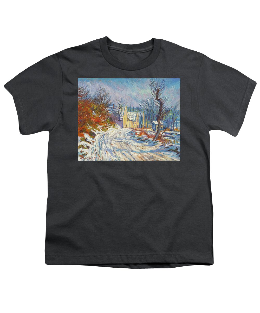 Landscape Youth T-Shirt featuring the painting Snowy Village by David Lloyd Glover