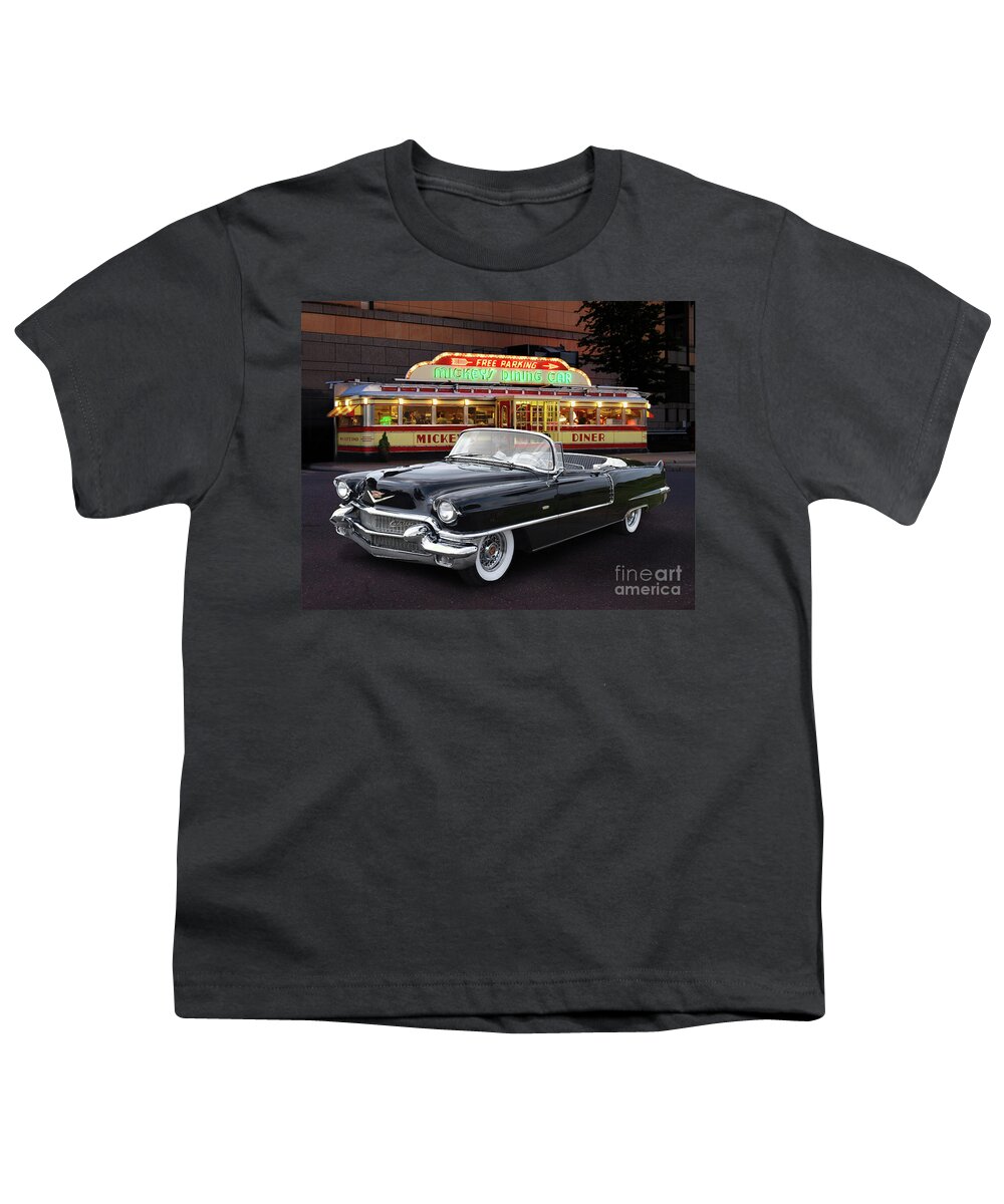 1956 Youth T-Shirt featuring the photograph 1956 Cadillac At Mickey's Dining Car by Ron Long
