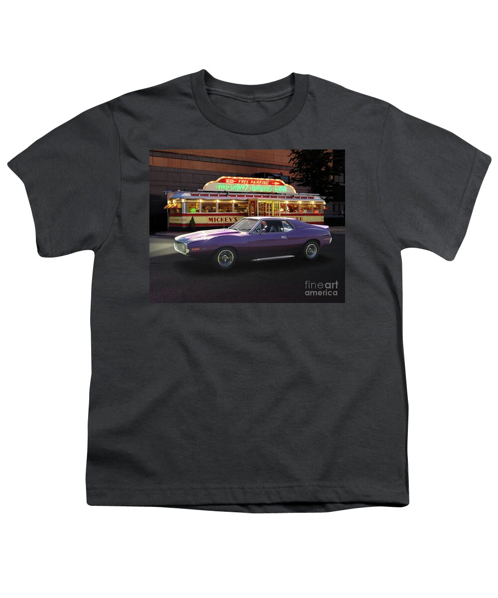 1971 Youth T-Shirt featuring the photograph 1971 AMC Javelin At Mickey's Diner by Ron Long