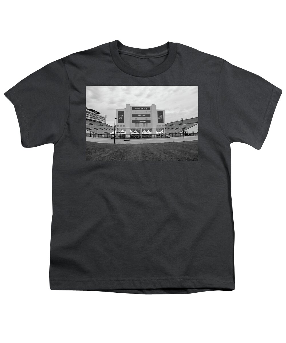 Kansas Jayhawks Stadium Youth T-Shirt featuring the photograph Kansas Jayhawks football stadium in black and white by Eldon McGraw