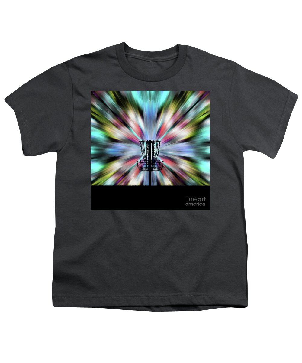 Disc Golf Youth T-Shirt featuring the digital art Tie Dye Disc Golf Basket by Phil Perkins