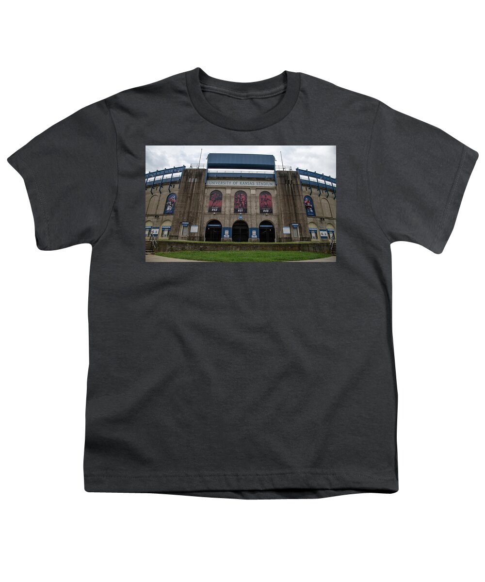 Kansas Jayhawks Youth T-Shirt featuring the photograph Close up of David Booth Memorial Stadium at University of Kansas by Eldon McGraw
