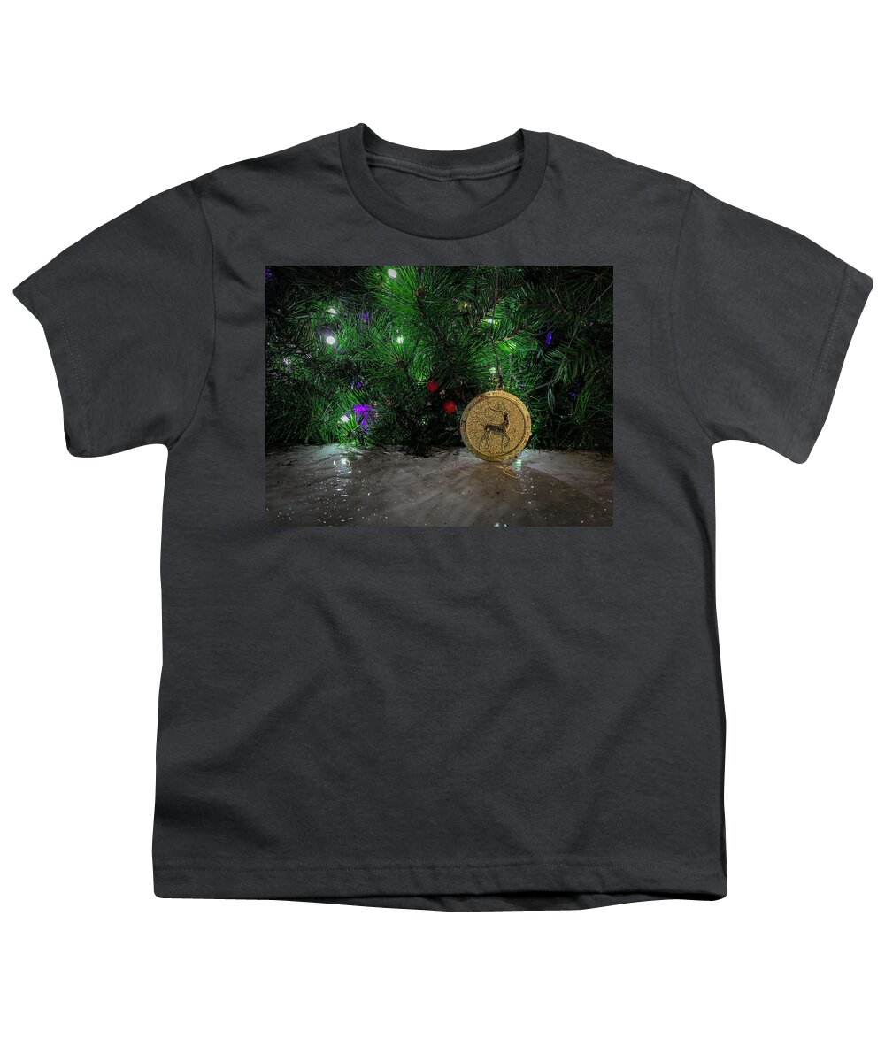 Holiday Lights Youth T-Shirt featuring the photograph 2019 Enchant - Gold Deer Medallion by Lora J Wilson