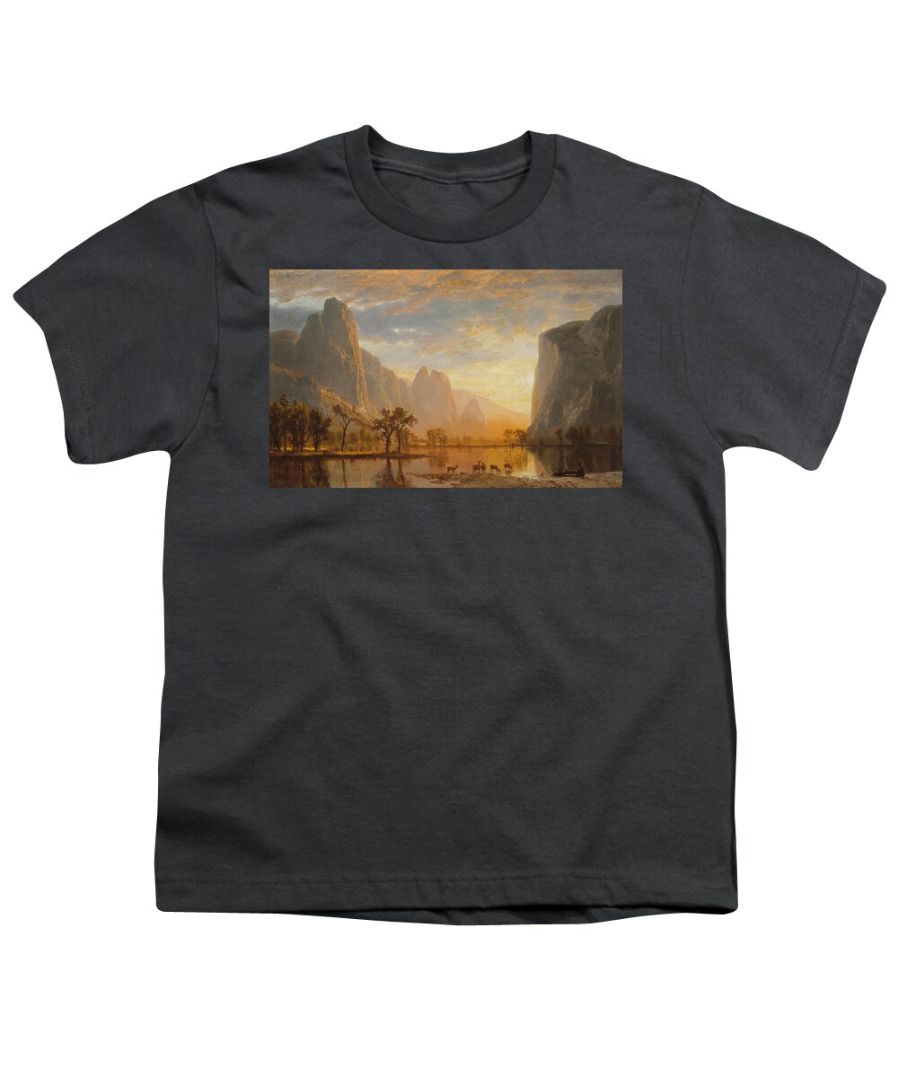 Yosemite Youth T-Shirt featuring the painting Yosemite Valley by Albert Bierstadt by Mango Art