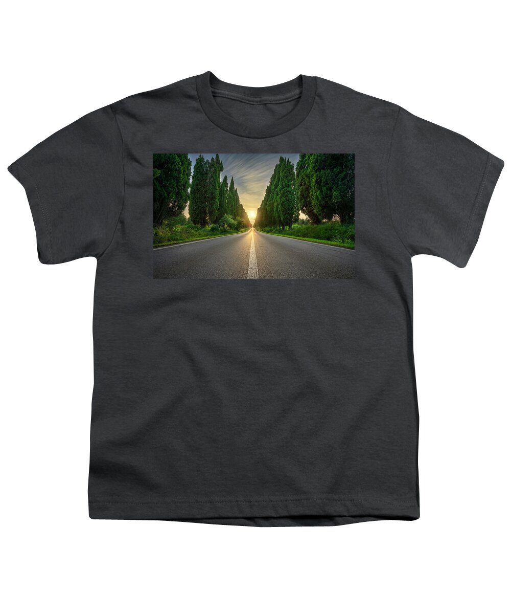 Bolgheri Youth T-Shirt featuring the photograph Bolgheri Boulevard and the Sun by Stefano Orazzini