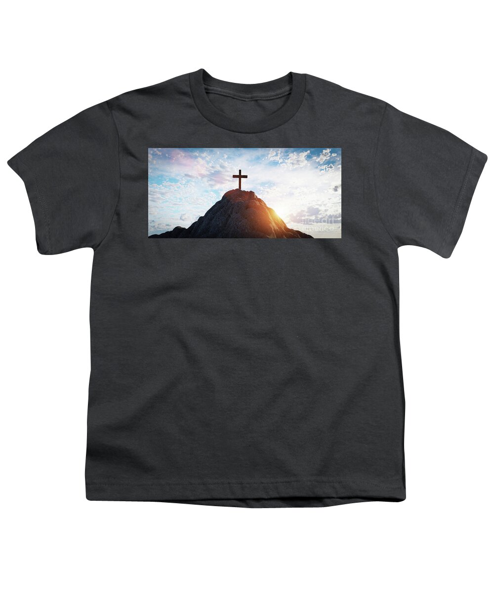 Cross Youth T-Shirt featuring the photograph Cross on mountain peak at sunset christian religion #3 by Michal Bednarek