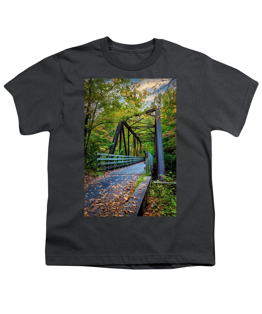 Fall Youth T-Shirt featuring the photograph Historic Railroad Trestle Bridge Creeper Trail Damascus Virginia #3 by Debra and Dave Vanderlaan