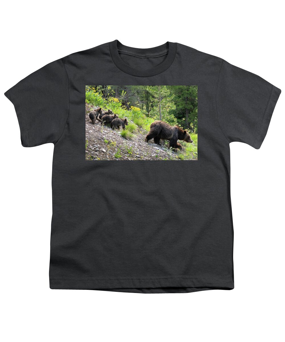 Bear Youth T-Shirt featuring the photograph 4 Cubs with Mama Grizzly Bear #399 by Wesley Aston