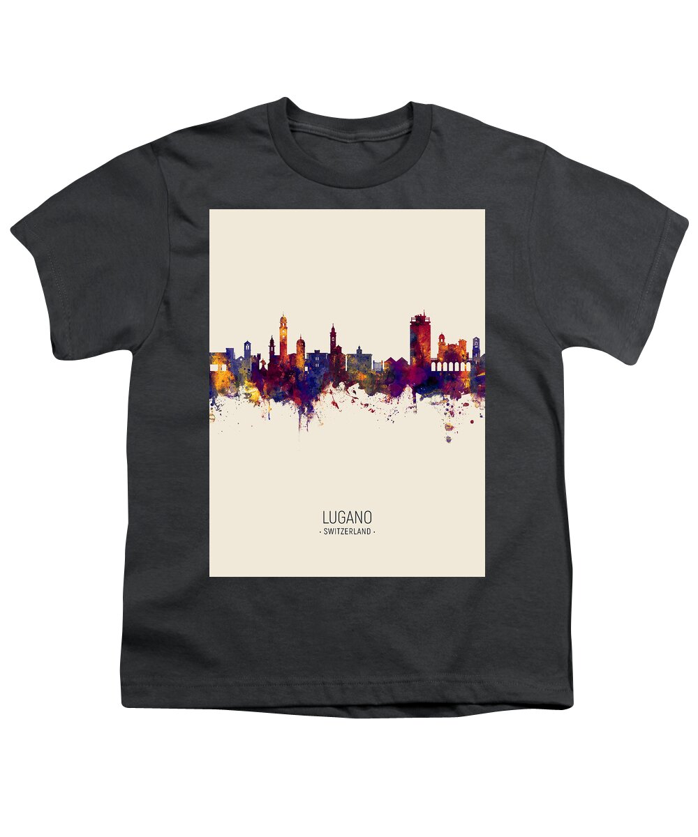 Lugano Youth T-Shirt featuring the digital art Lugano Switzerland Skyline #6 by Michael Tompsett