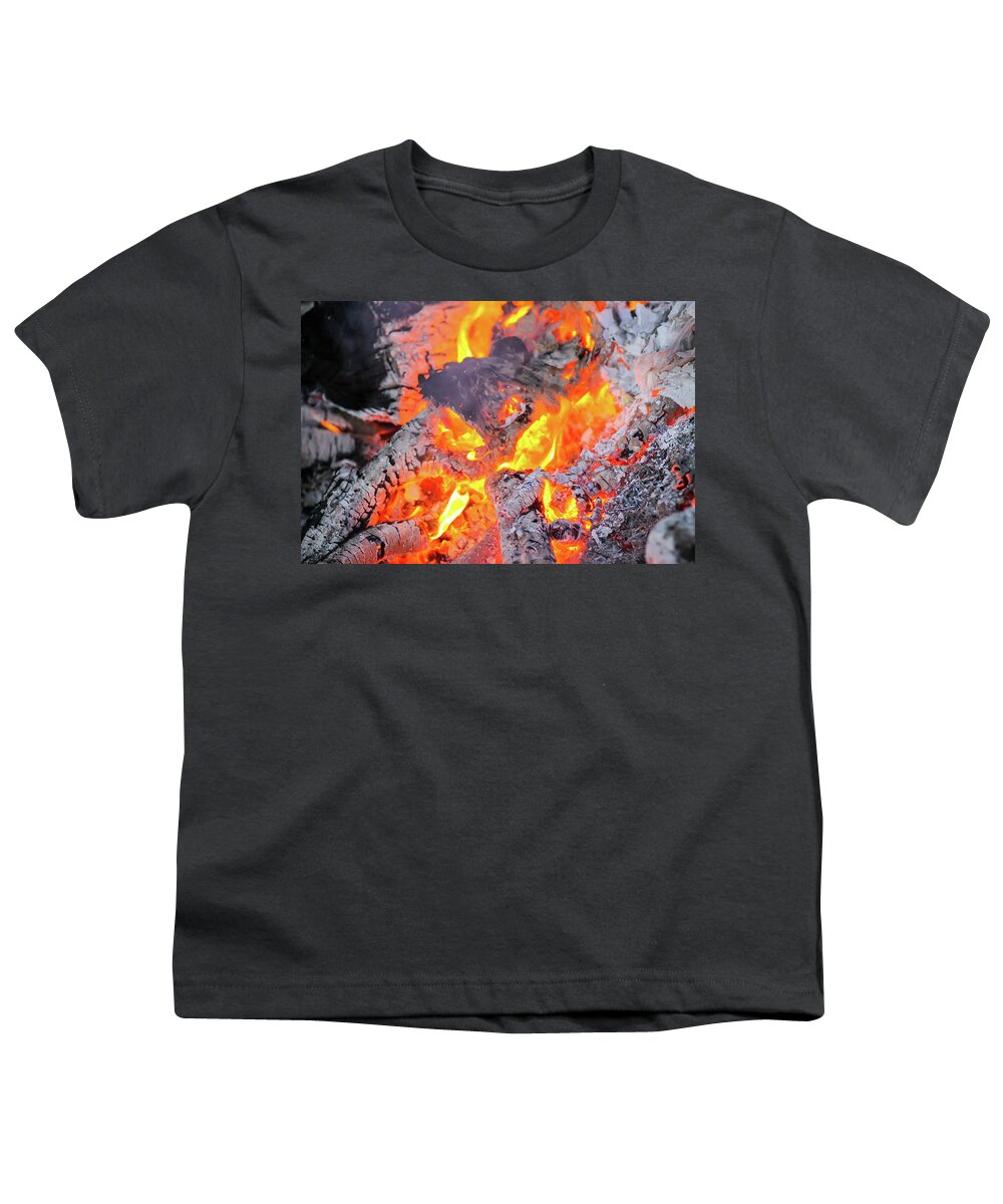 Bonfire Youth T-Shirt featuring the photograph Bonfire at a camp in summer evening outdoors #7 by Olga Strogonova