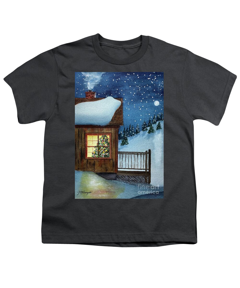 Christmas Youth T-Shirt featuring the painting A Christmas Cabin by Joseph Burger