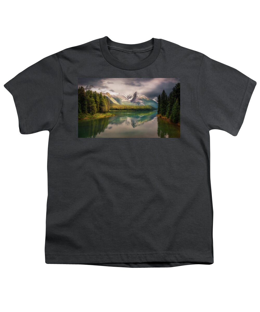 Celia Landscape Photography | Celia Fine Art Prints | Canada Rocky Mountain Landscape Pictures Youth T-Shirt featuring the photograph A Cloud Morning on Maligne Lake by Celia Zhen