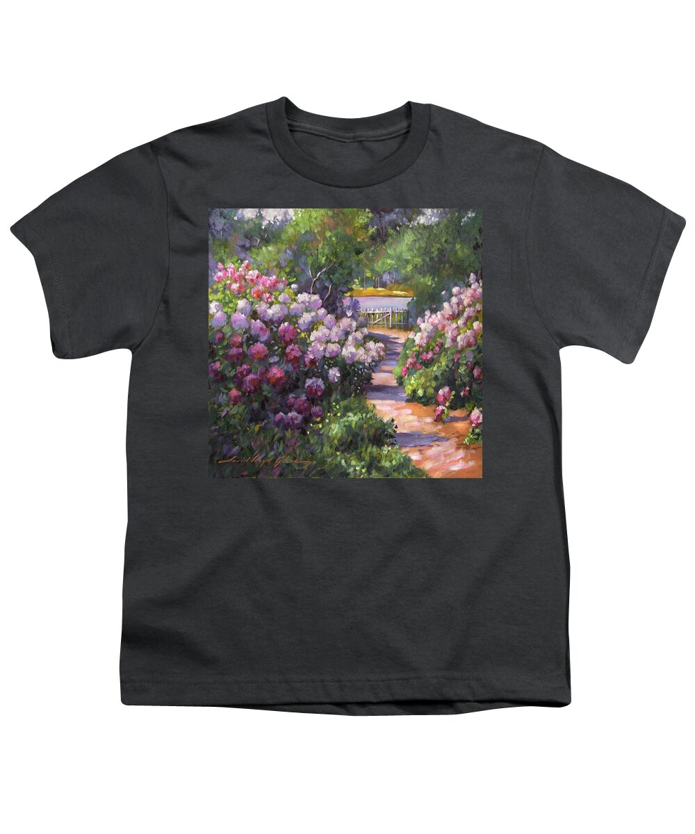 Lakeshore; Gardens; Garden Path; Sunlight; Blooms; Flowers; Spring; Trees; Sunlight; Shadows; Beauty; Impressionist; Romantic; Decorative; Dramatic; David Lloyd Glover Youth T-Shirt featuring the painting A Garden Walk To The Lake by David Lloyd Glover