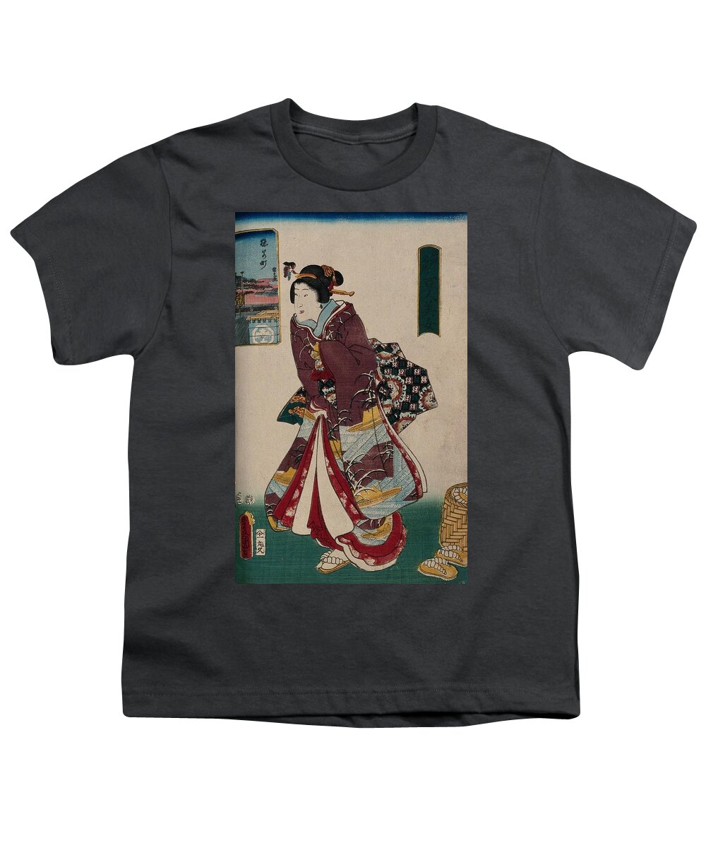 A Woman Trying On A New Pair Of Sandals And An Inset View Of Edo. Colour Woodcut By Kunisada Youth T-Shirt featuring the painting A woman trying on a new pair of sandals and an inset view of Edo. Colour woodcut by Kunisada, 1857 by Artistic Rifki