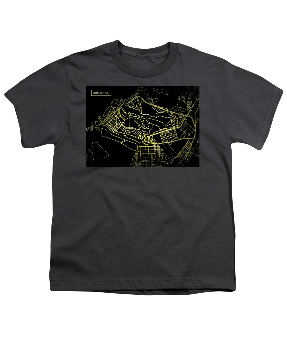 Map Youth T-Shirt featuring the digital art Abu Dhabi Map in Gold and Black by Sambel Pedes