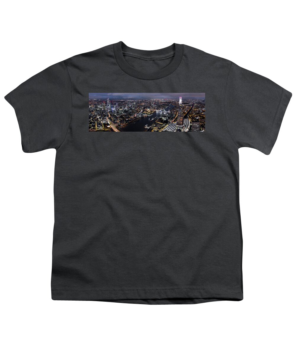Panorama Youth T-Shirt featuring the photograph Aerial Panorama of the London Shard and Skyline at night by Sonny Ryse