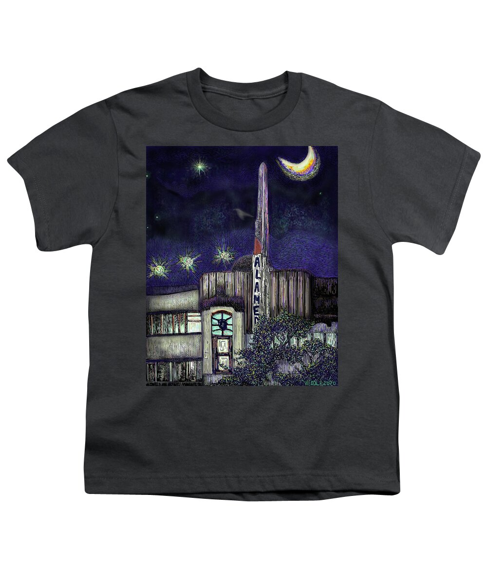 Alameda Youth T-Shirt featuring the digital art Alameda Theater at Night by Angela Weddle