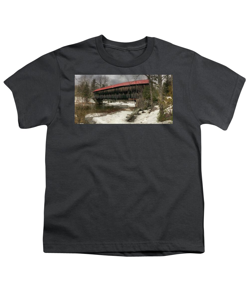 Covered Bridge Panoramic Youth T-Shirt featuring the photograph Albany Covered Bridge in Winter Panoramic by Joann Vitali