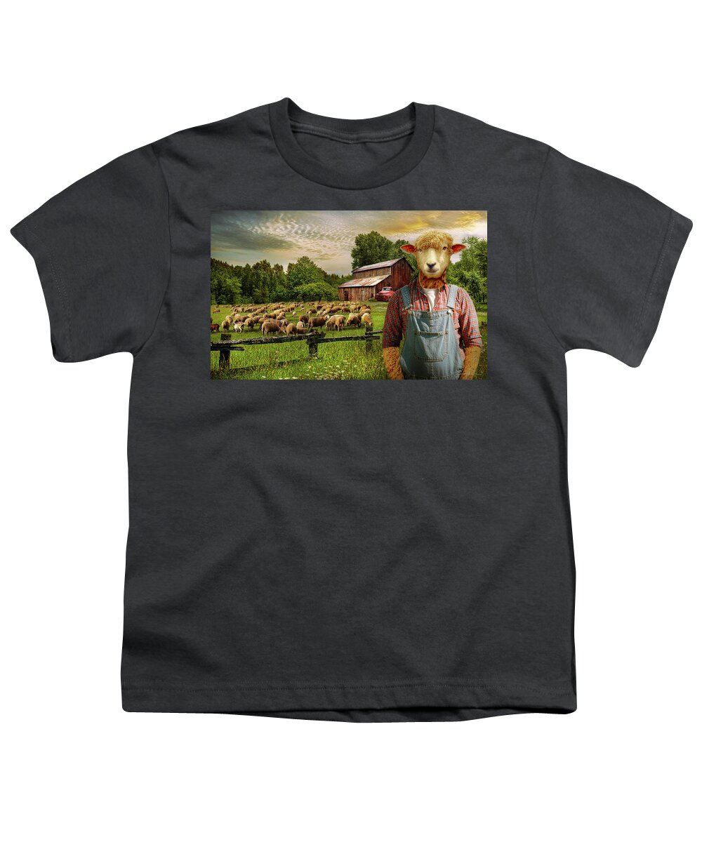 Sheep Youth T-Shirt featuring the photograph Animal - Sheep - The sheep farmer by Mike Savad