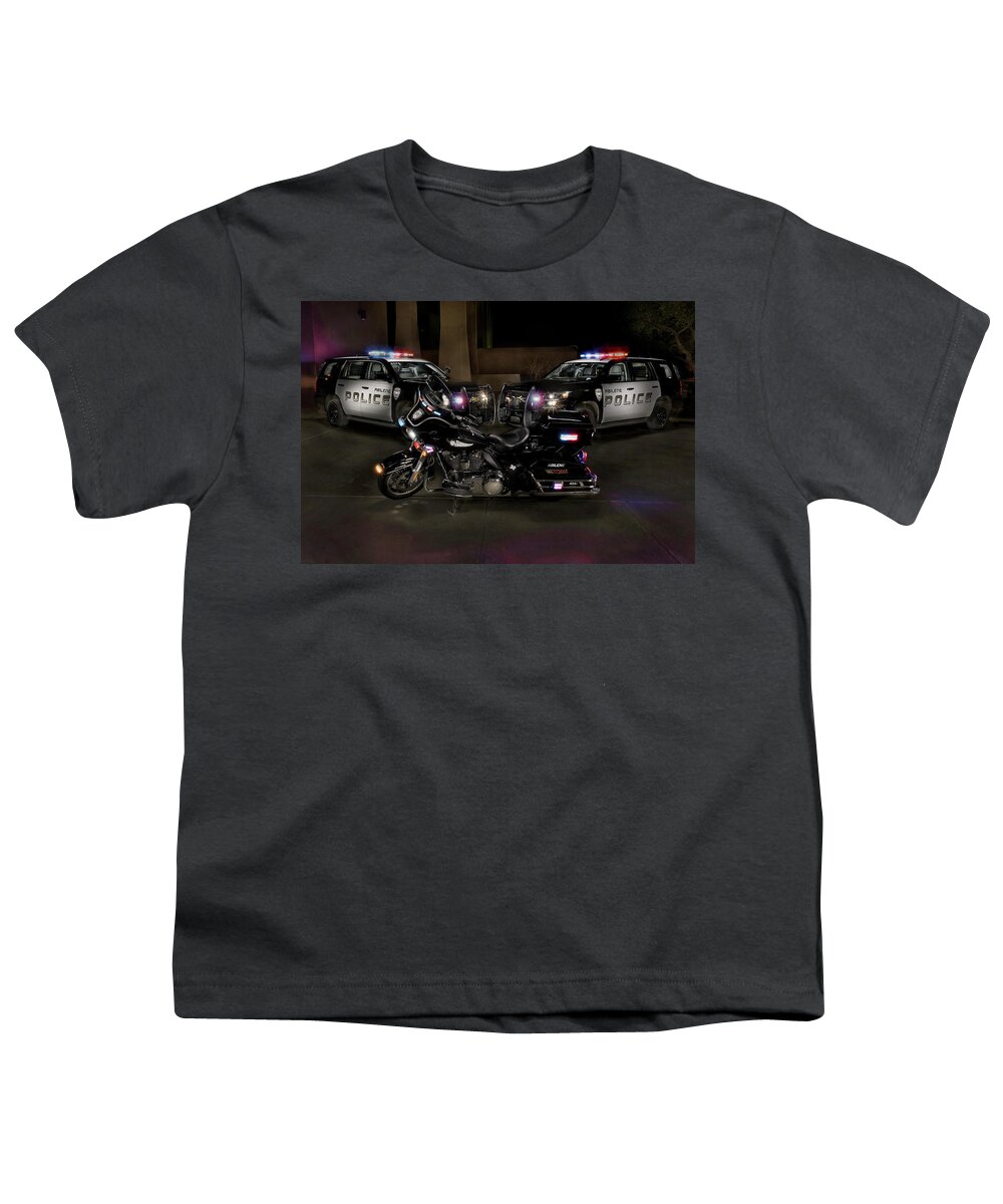 Motorcycle Youth T-Shirt featuring the photograph APD Vehicles by Steve Templeton