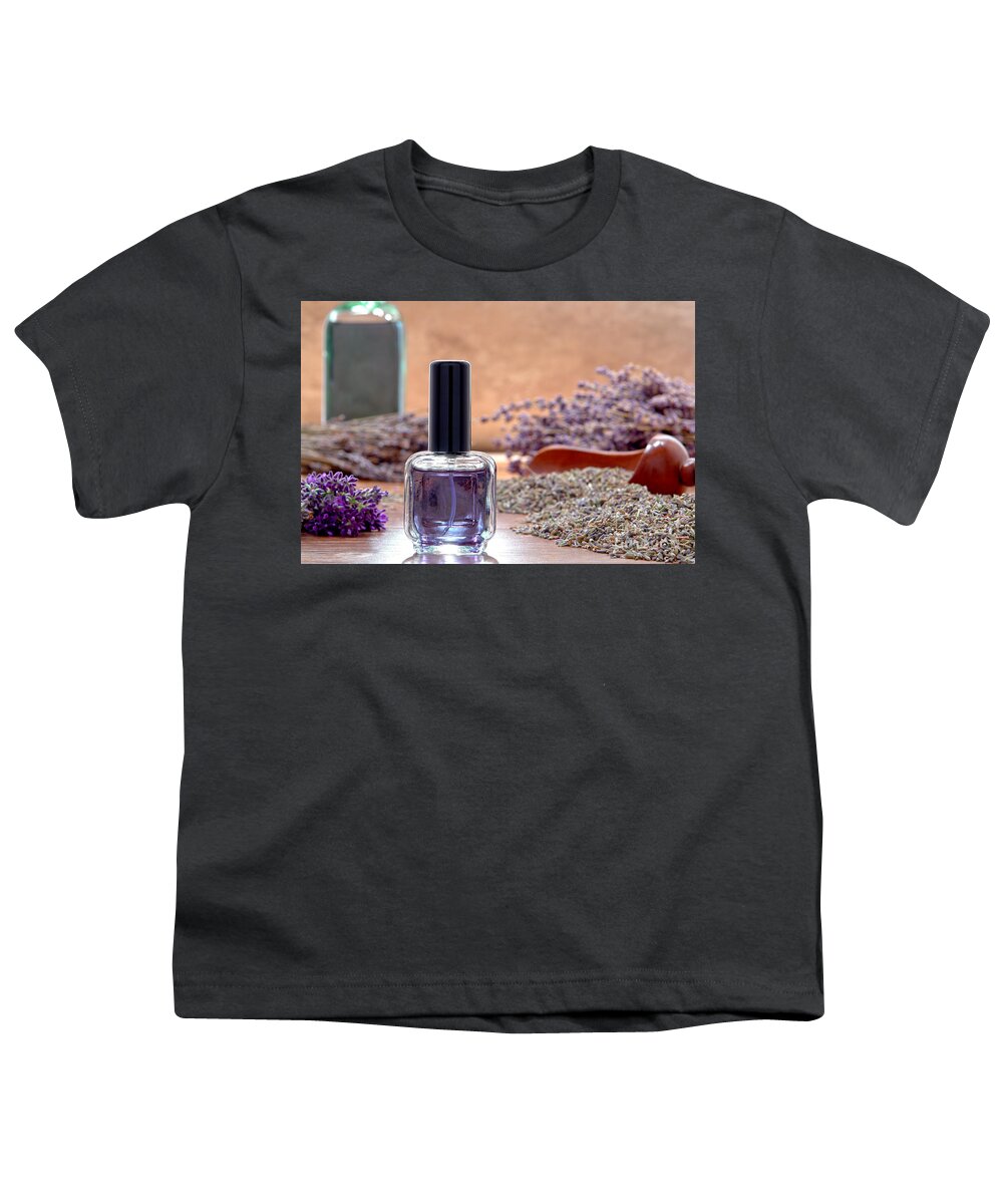 Aromatherapy Youth T-Shirt featuring the photograph Aromatherapy Perfume Bottle and Lavender Flowers by Olivier Le Queinec