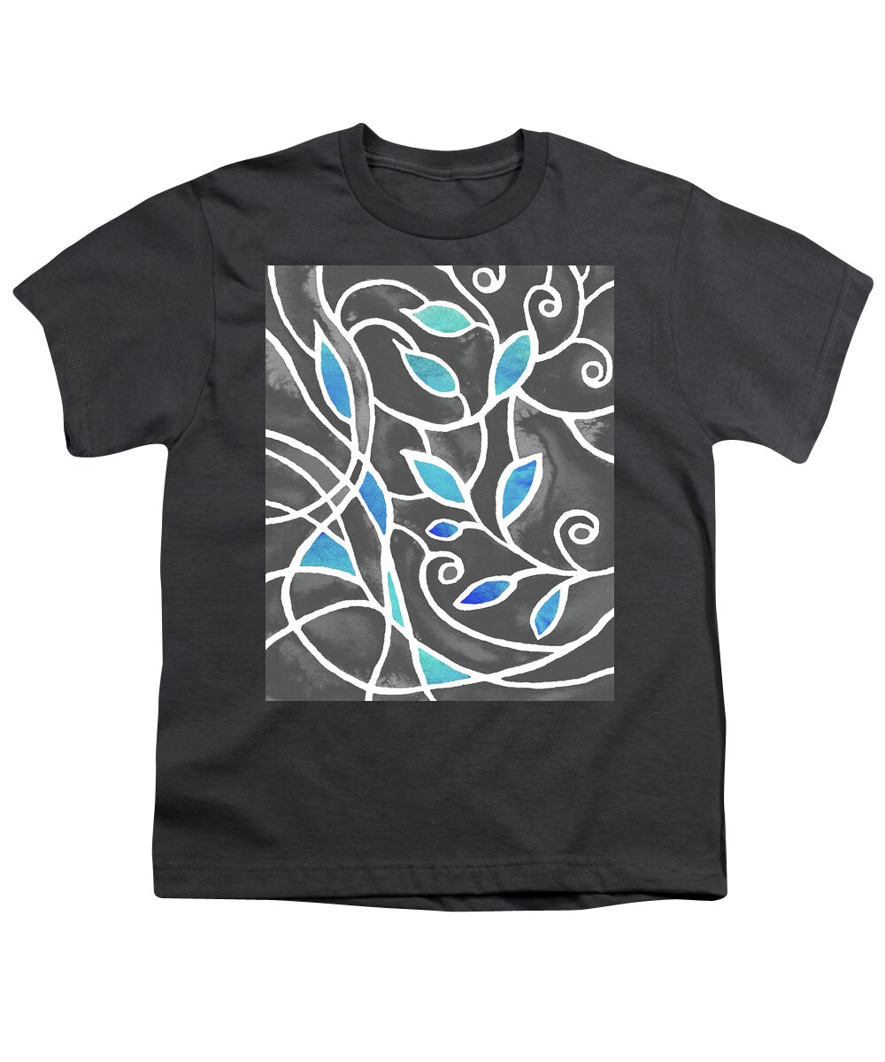Blue Gray Youth T-Shirt featuring the painting Art Nouveau Batik Style Leaves And Lines Teal Gray Pattern Watercolor by Irina Sztukowski