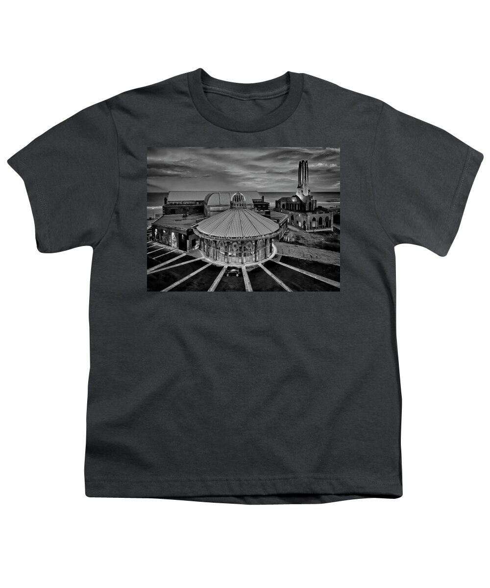 Asbury Park Youth T-Shirt featuring the photograph Asbury Park Carousel Aerial NJ BW by Susan Candelario