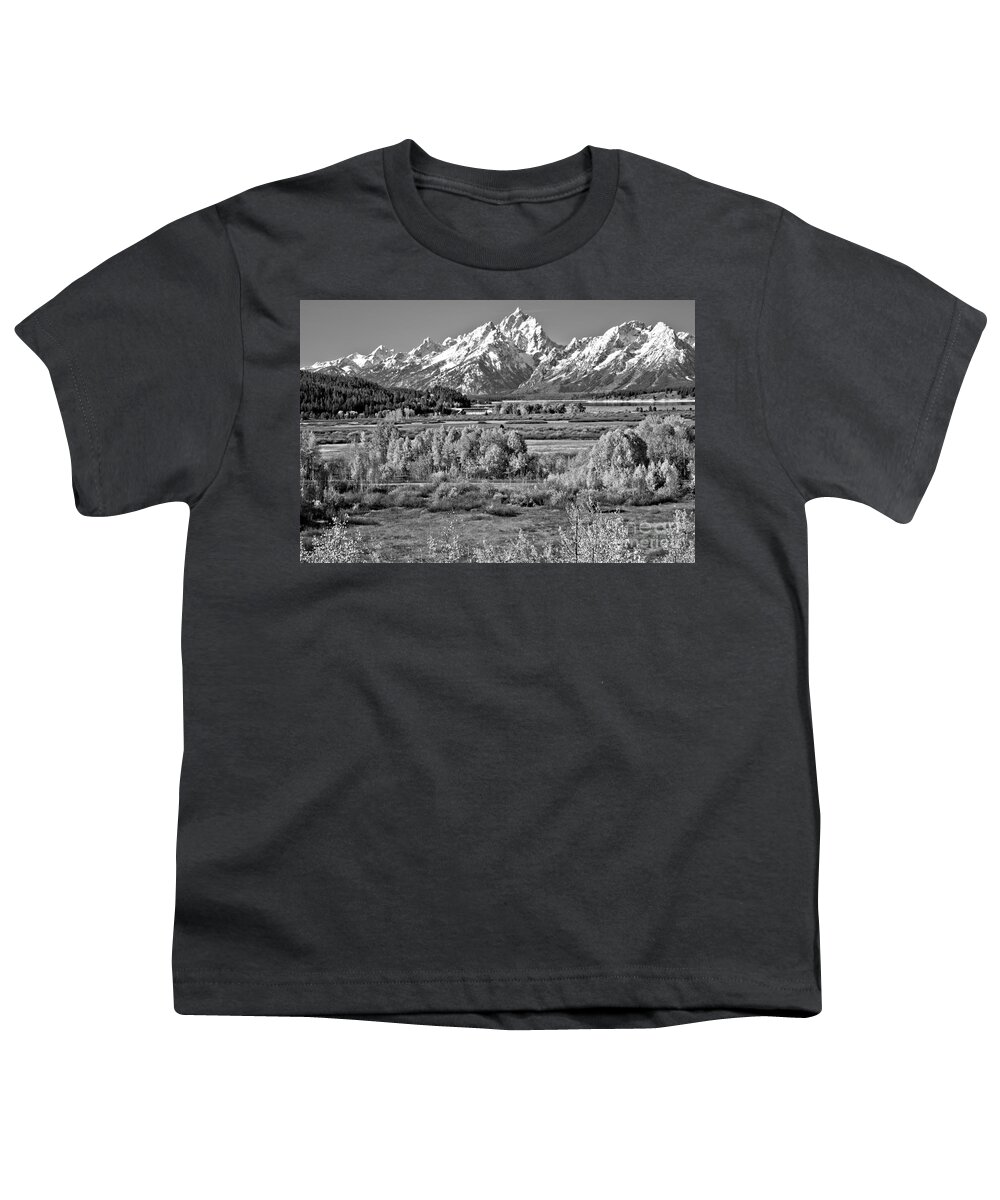 Teton Youth T-Shirt featuring the photograph Autumn Clusters Under The Tetons Black And White by Adam Jewell